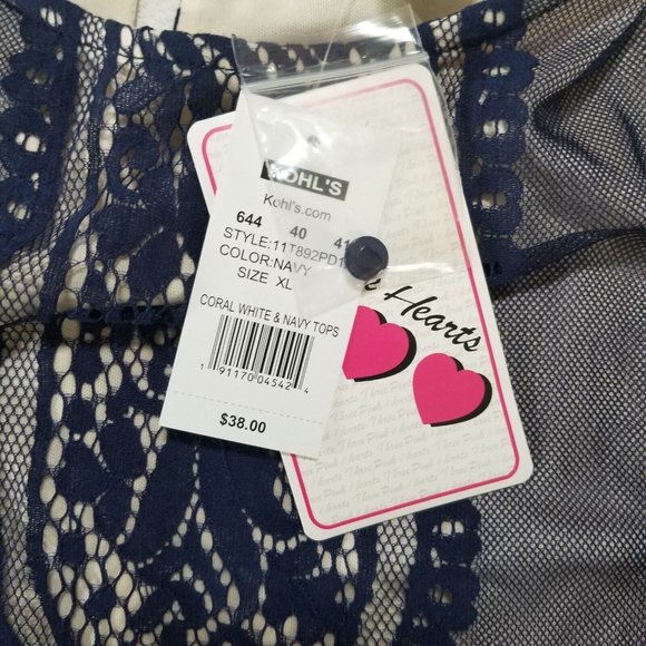 Three Pink Hearts By Trixxi Women's XL Lined Lace Tank Navy Cream NWT - Picture 7 of 7